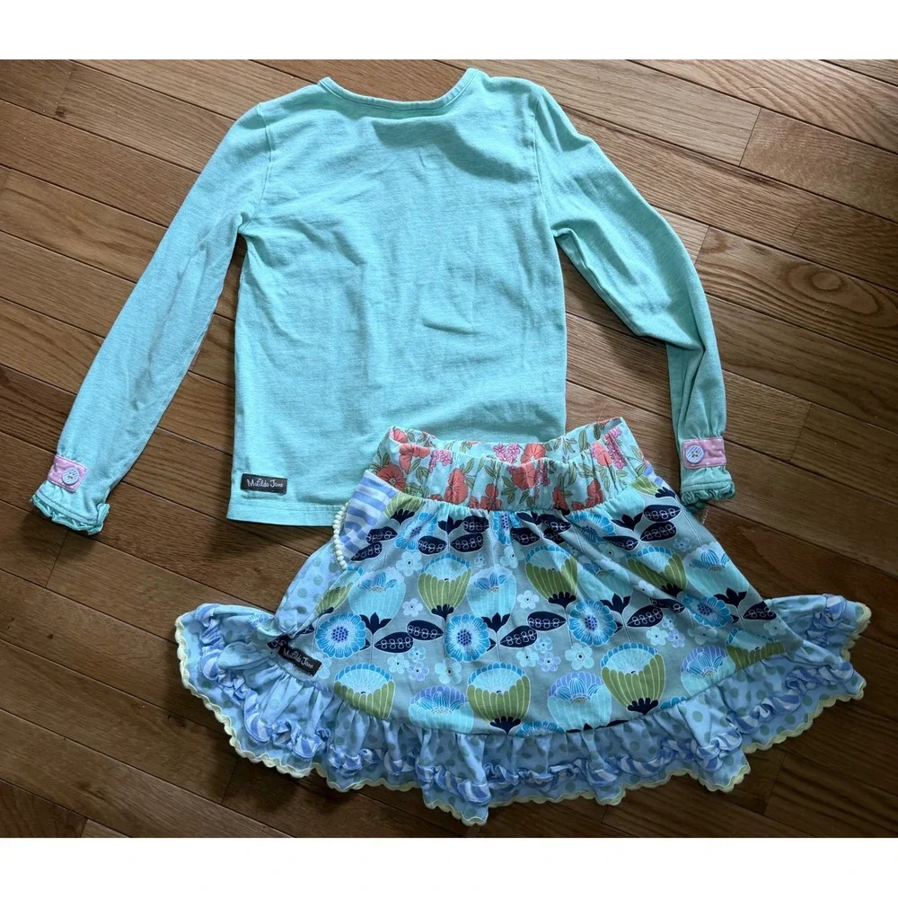 Matilda Jane Girls Size 6 Top and Skirt Set Floral Polka Dot Ruffle Mint Blue